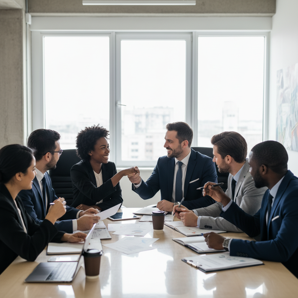 Diverse group of black and white business professionals collaborating in a modern office